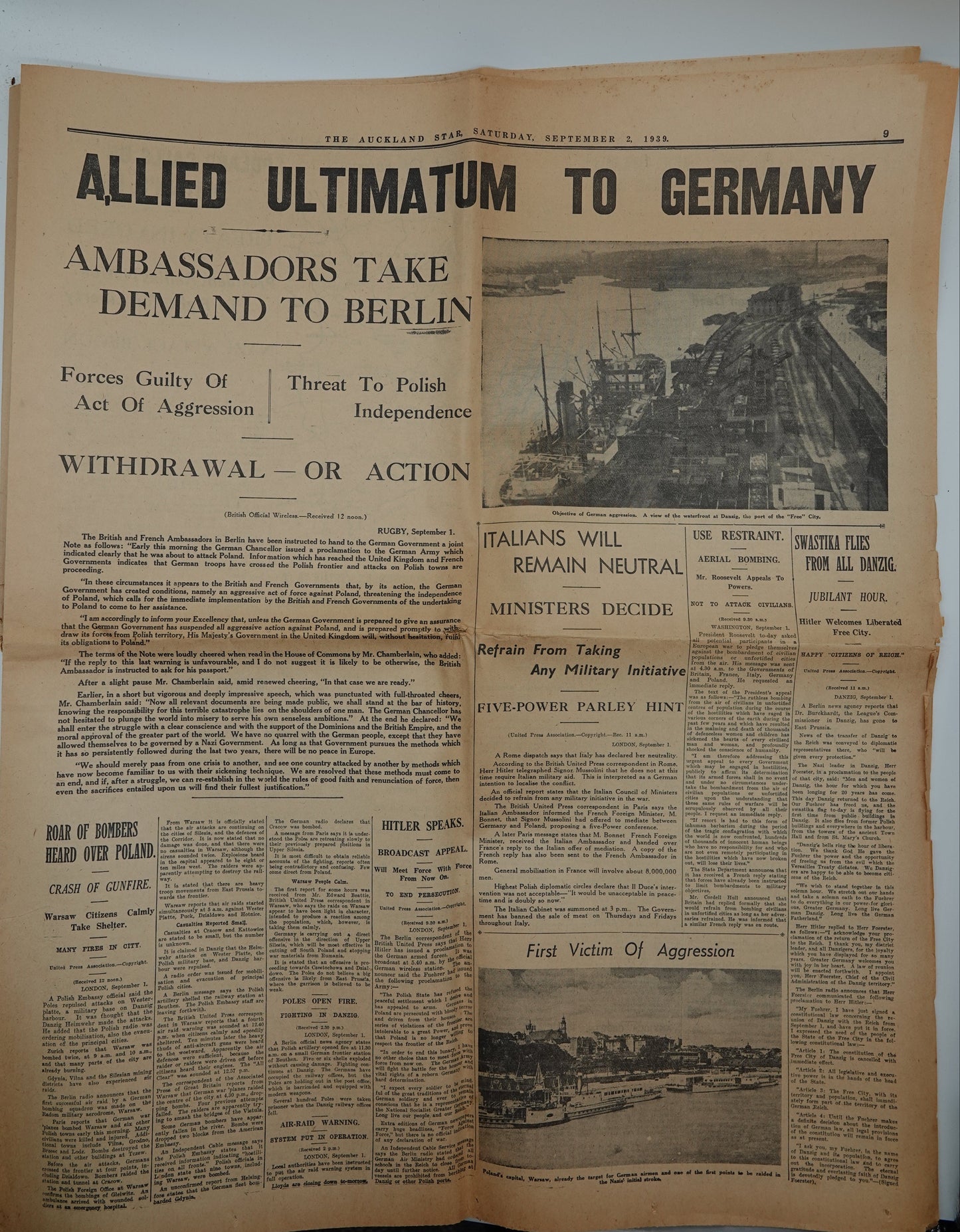 An important record of World War II.. The Auckland Star, Saturday September 2 1939: ALLIED ULTIMATUM TO GERMANY