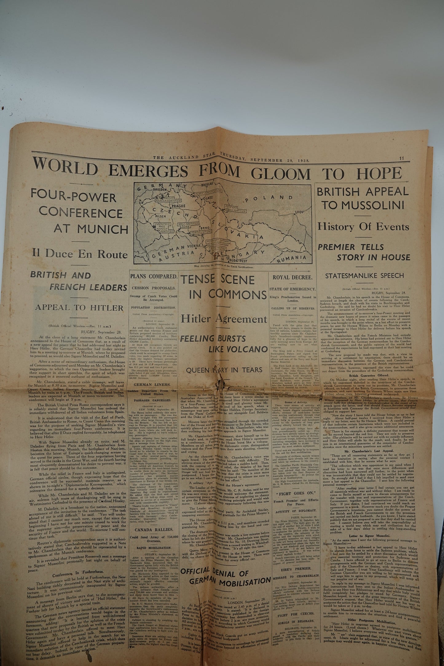 Historic original World War II newspaper... WORLD EMERGES FROM GLOOM TO HOPE. The Auckland Star, Thursday September 29 1938