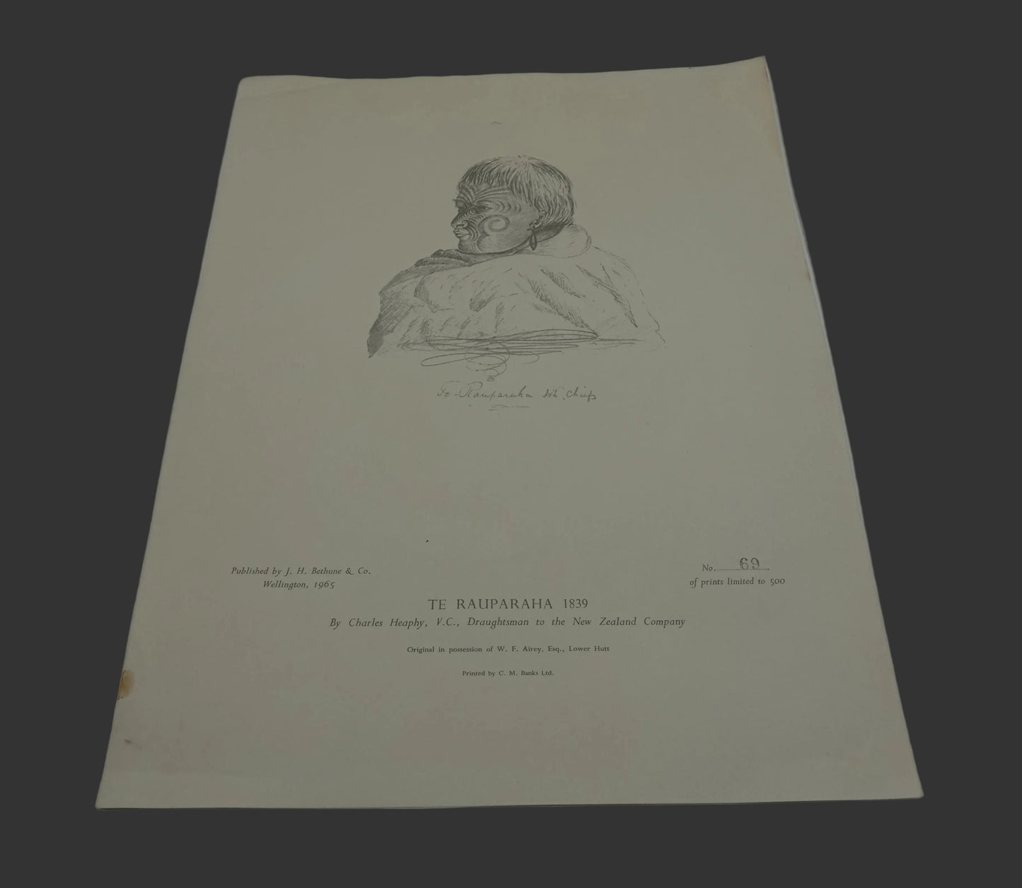 Te Rauparaha, 1839. Limited Edition fascimile of the original Charles Heaphy drawing