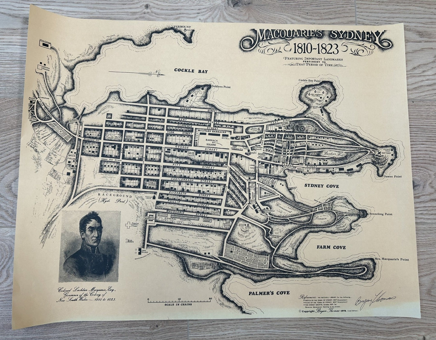 Bryan Thomas hand drawn map illustrating MacQuarie's Sydney