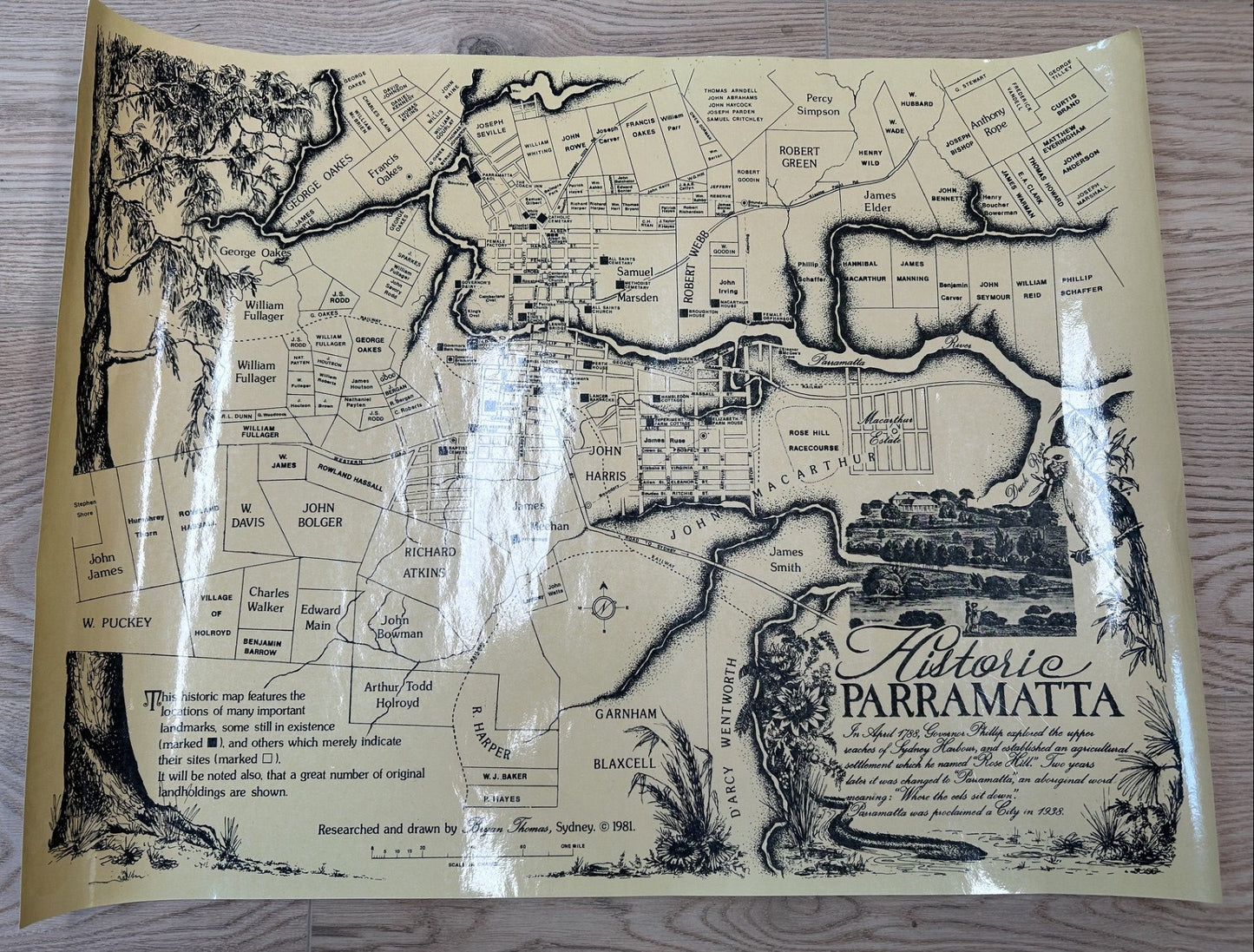 Bryan Thomas hand drawn map illustrating Historic Parramatta