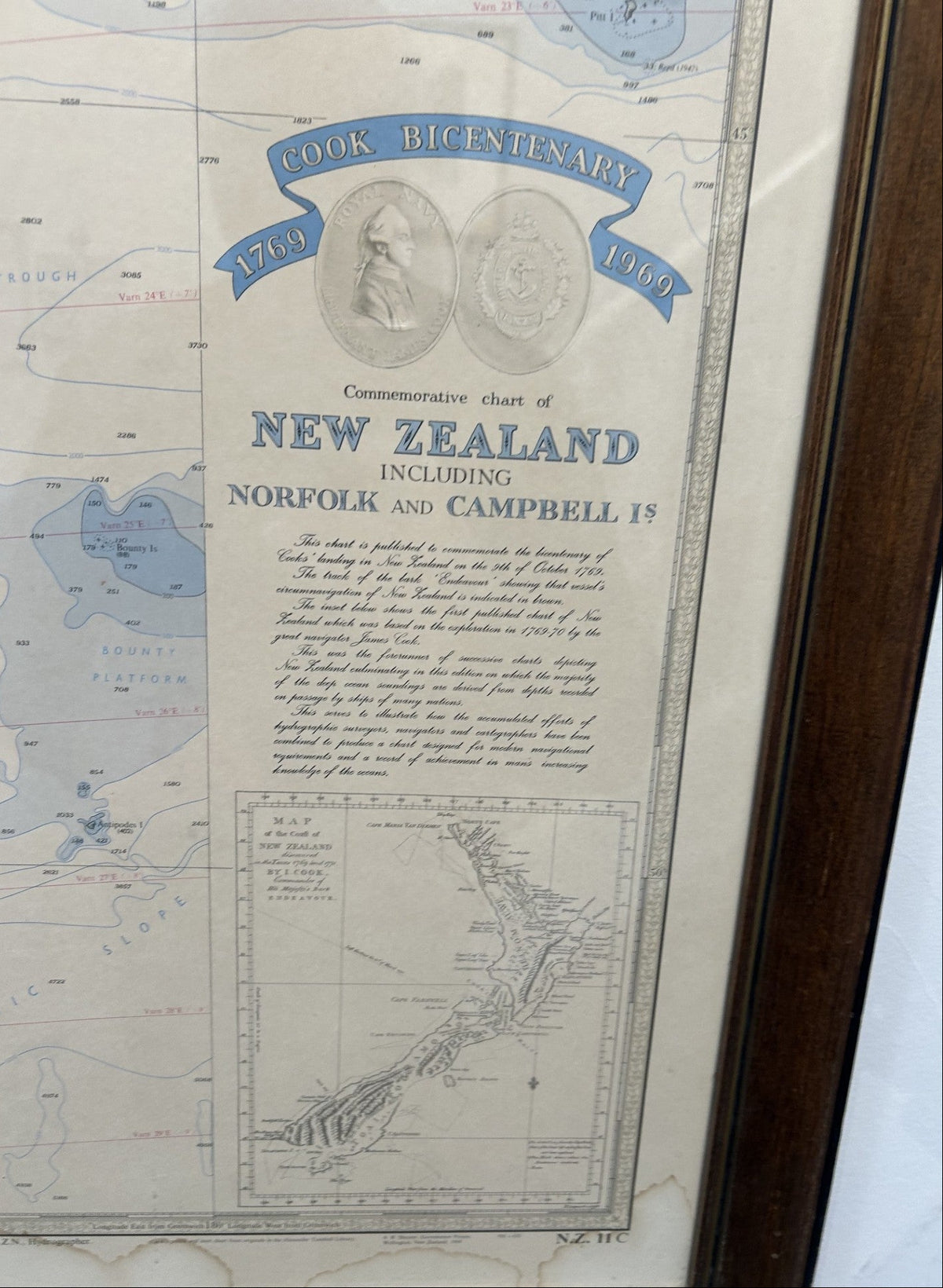 Framed vintage New Zealand commemorative nautical sea chart