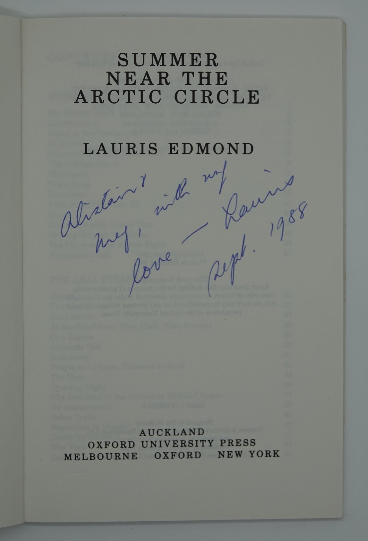 Summer Near The Artic Circle - Signed and inscribed poetry by Lauris Edmond