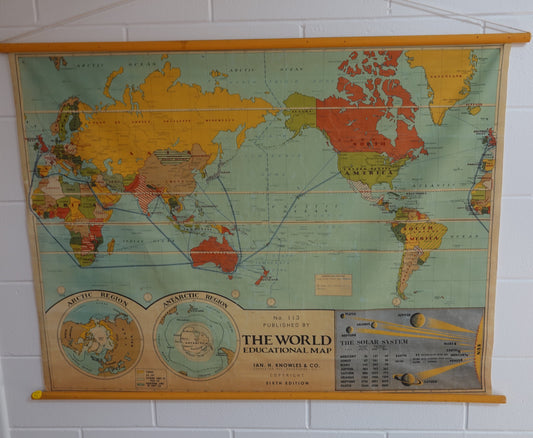 Stunning decorative vintage World Wall Map with wooden hangars