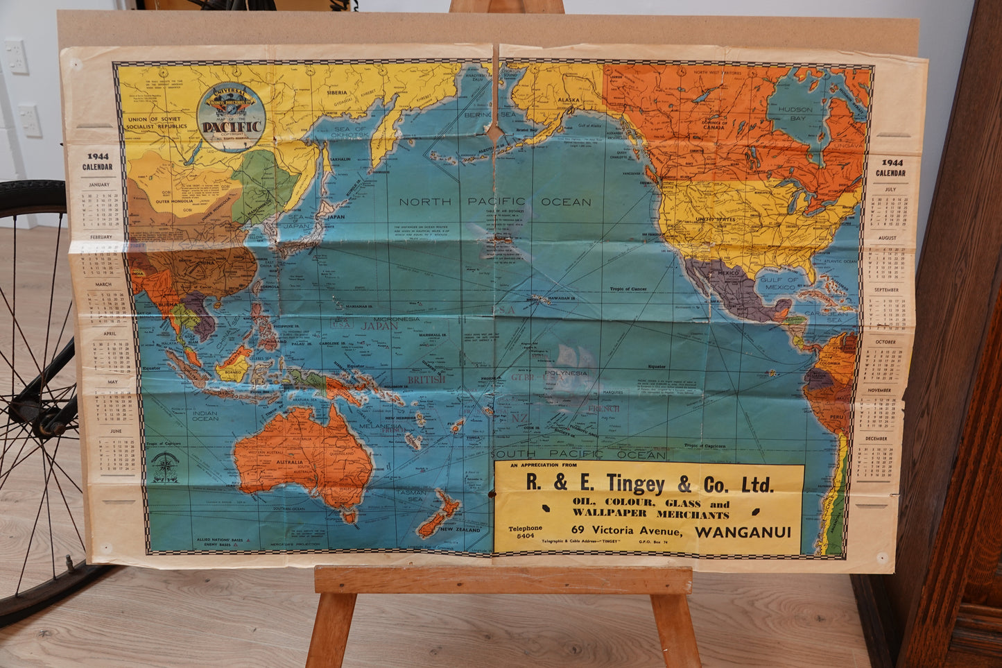 R & E Tingley & Co World Map with 1944 calendar
