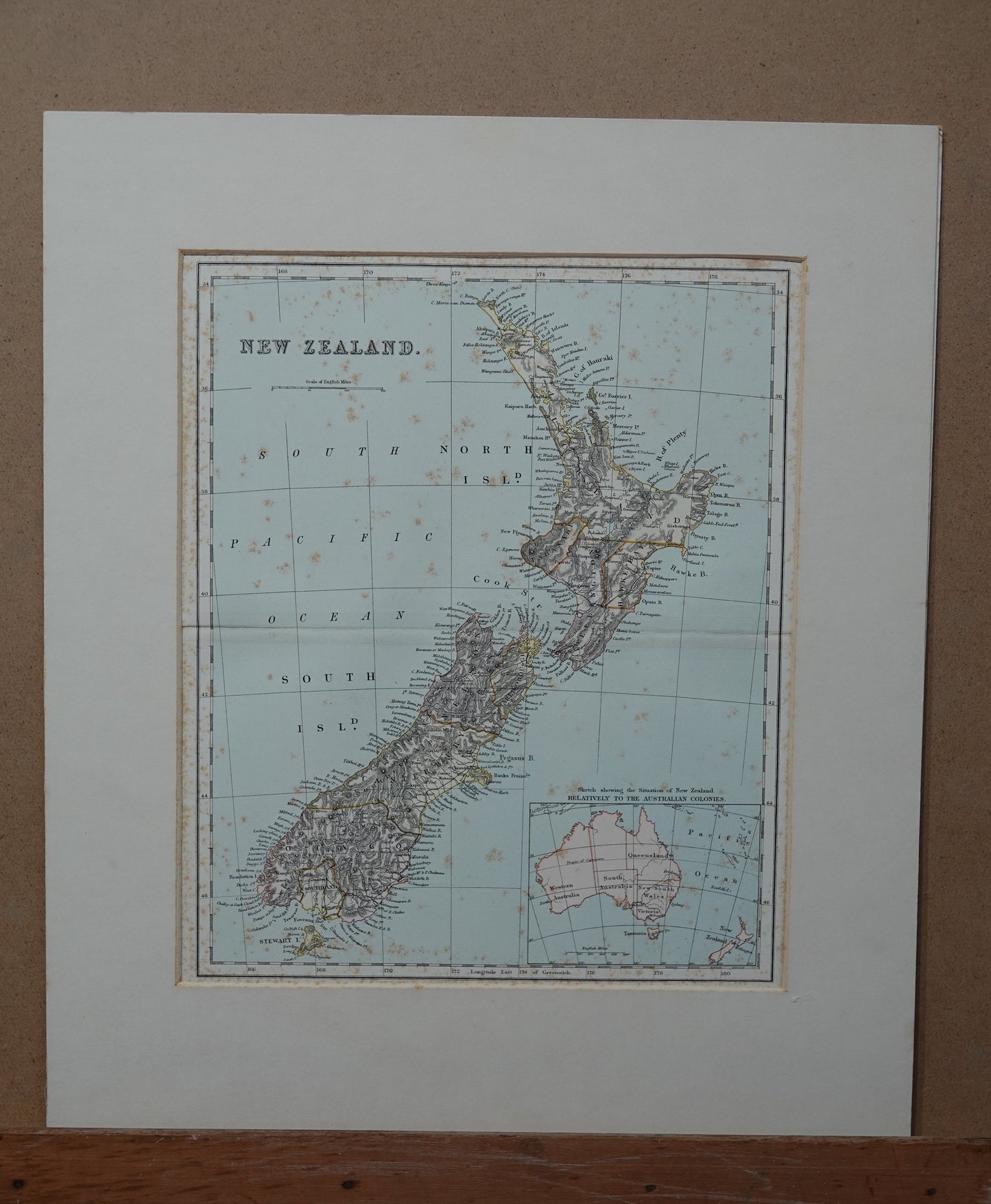 Historic New Zealand Map in card frame, published 1863