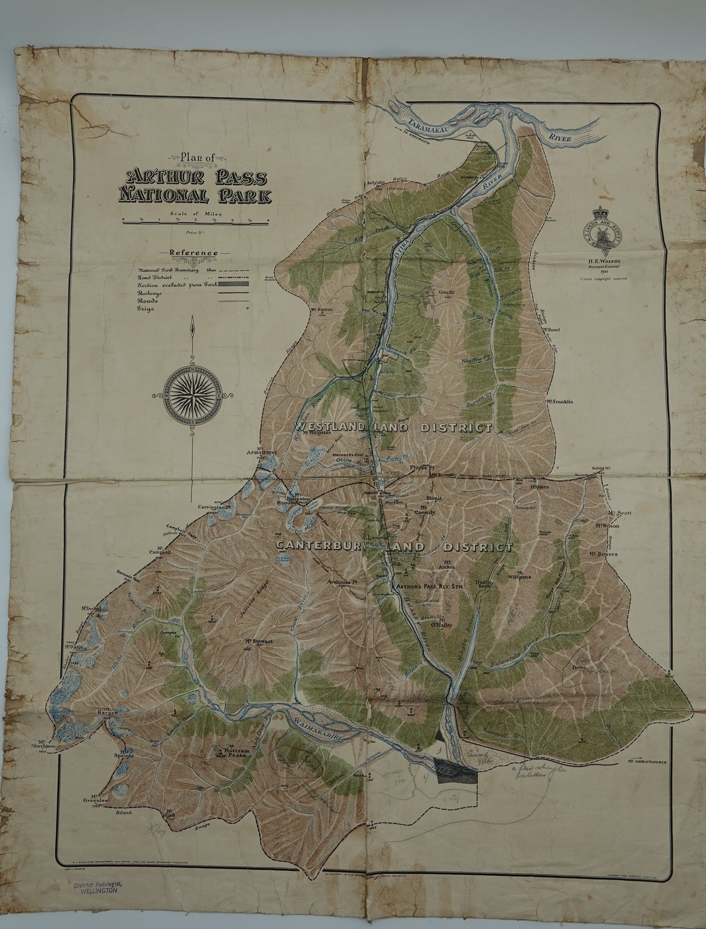 Rare hand drawn canvas map - Arthurs Pass National Park 1931