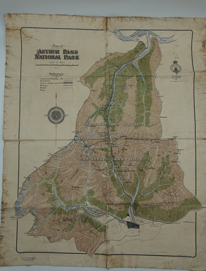 Rare hand drawn canvas map - Arthurs Pass National Park 1931