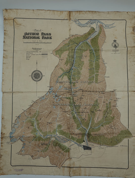 Rare hand drawn canvas map - Arthurs Pass National Park 1931