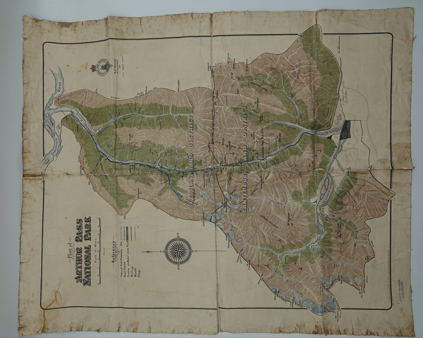 Rare hand drawn canvas map - Arthurs Pass National Park 1931
