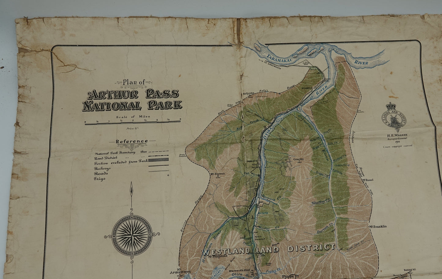 Rare hand drawn canvas map - Arthurs Pass National Park 1931