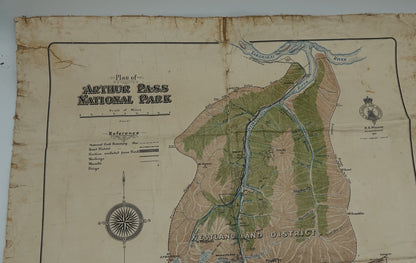 Rare hand drawn canvas map - Arthurs Pass National Park 1931