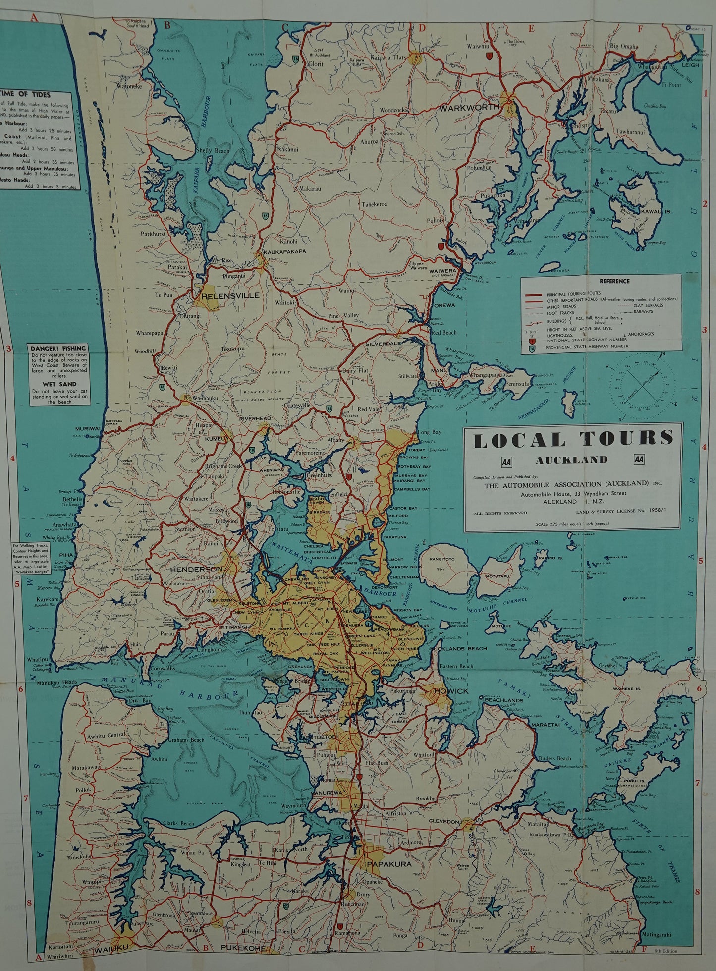 Beautiful large vintage AA Auckland Local Tours map from 1958