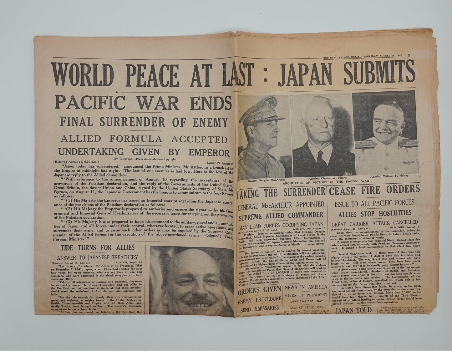 An important record of World War II..     The NZ Herald, Thursday August 16 1946.  World Peace At Last: Japan Submits