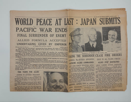 An important record of World War II..     The NZ Herald, Thursday August 16 1946.  World Peace At Last: Japan Submits