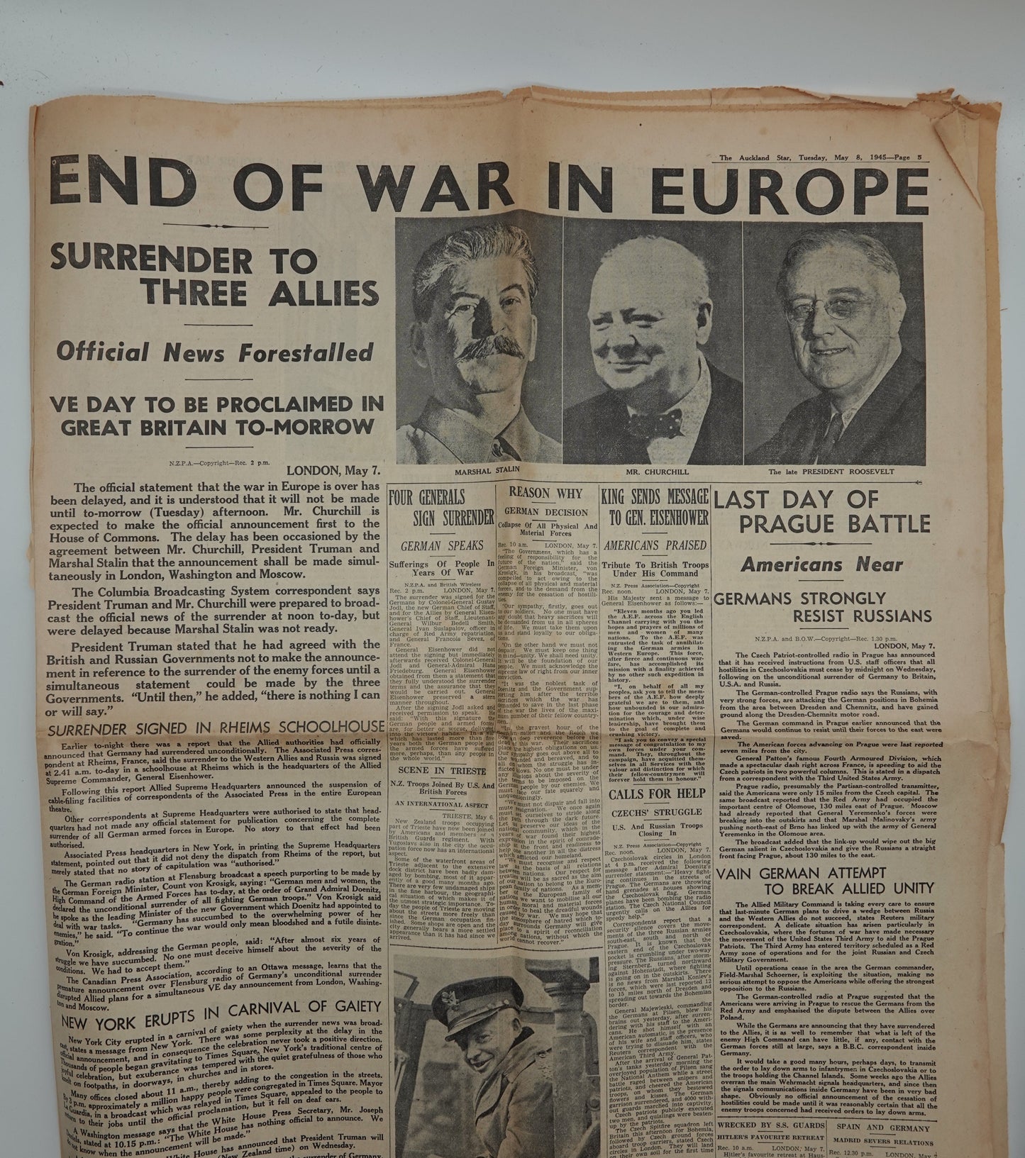 Historic original World War II newspaper...    The Auckland Star, Tuesday May 8 1945: END OF WAR IN EUROPE