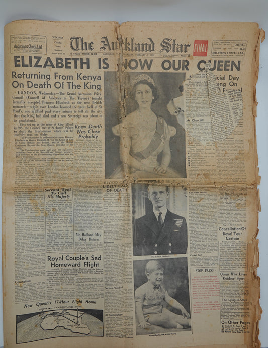 Historic original newspaper...    The Auckland Star, Thursday February 7 1952: ELIZABETH IS NOW OUR QUEEN