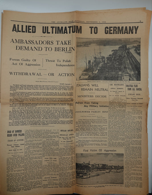 An important record of World War II..     The Auckland Star, Saturday September 2 1939: ALLIED ULTIMATUM TO GERMANY