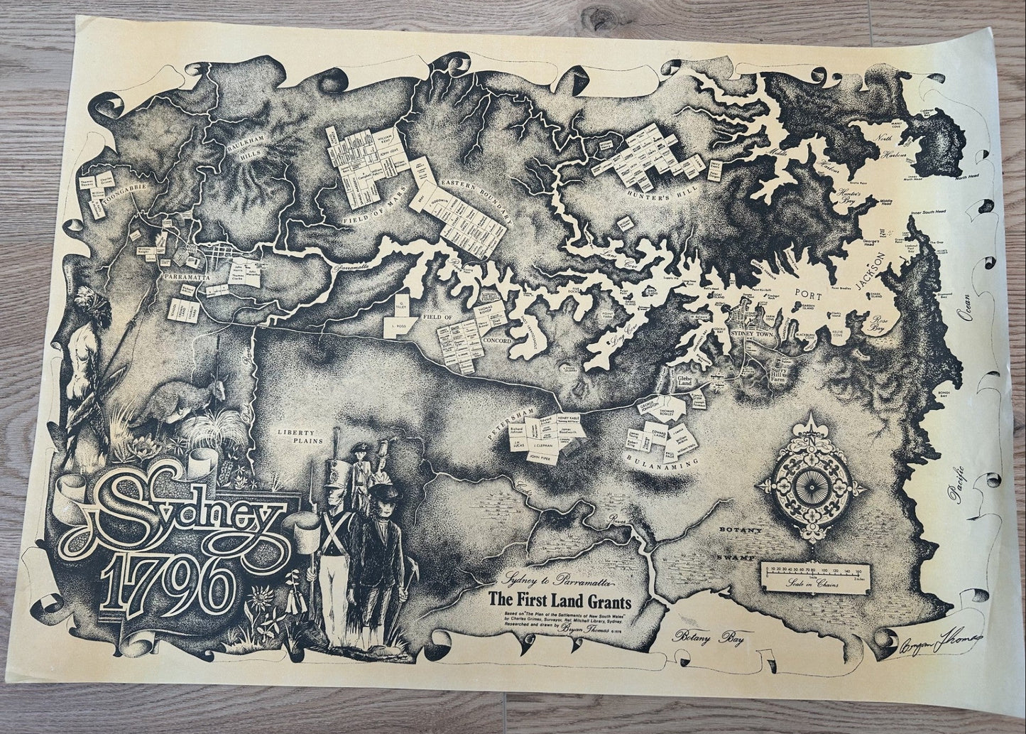 an unusual hand drawn map illustrating early Sydney - the First Land Grants 1796