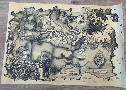 an unusual hand drawn map illustrating early Sydney - the First Land Grants 1796