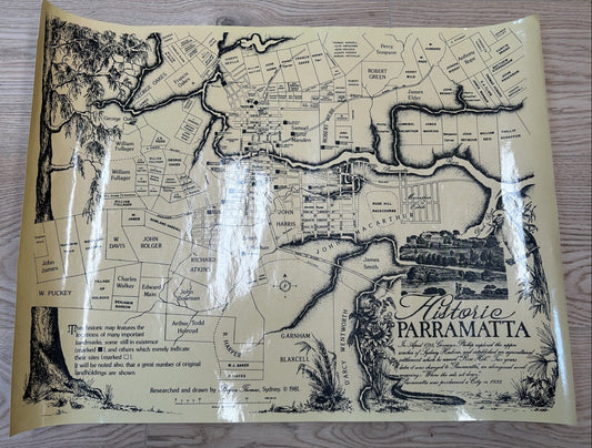 Bryan Thomas hand drawn map illustrating Historic Parramatta