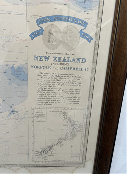 Framed vintage New Zealand commemorative nautical sea chart