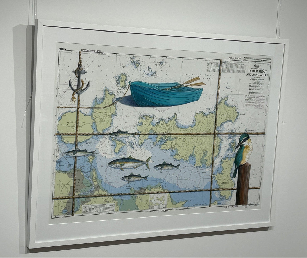 Stunning Justine Hawksworth art - Tamaki Strait, acrylic and pencil on a recycled marine chart