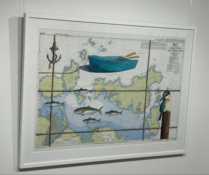 Stunning Justine Hawksworth art - Tamaki Strait, acrylic and pencil on a recycled marine chart