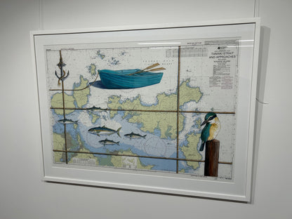 Stunning Justine Hawksworth art - Tamaki Strait, acrylic and pencil on a recycled marine chart