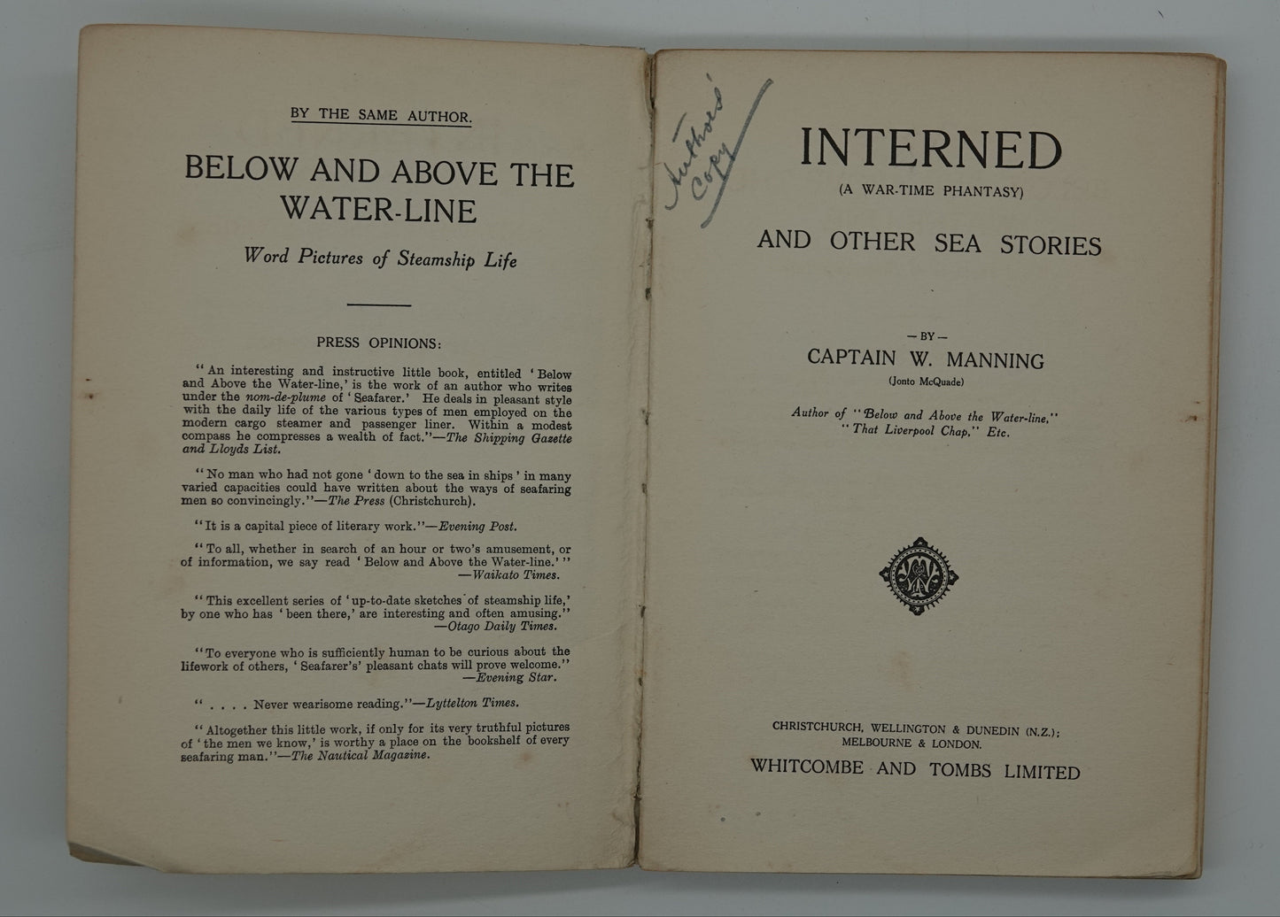 Signed and inscribed copy of Capt W. Manning's book "Interned" and other sea stories ... a war time 'phantasy'
